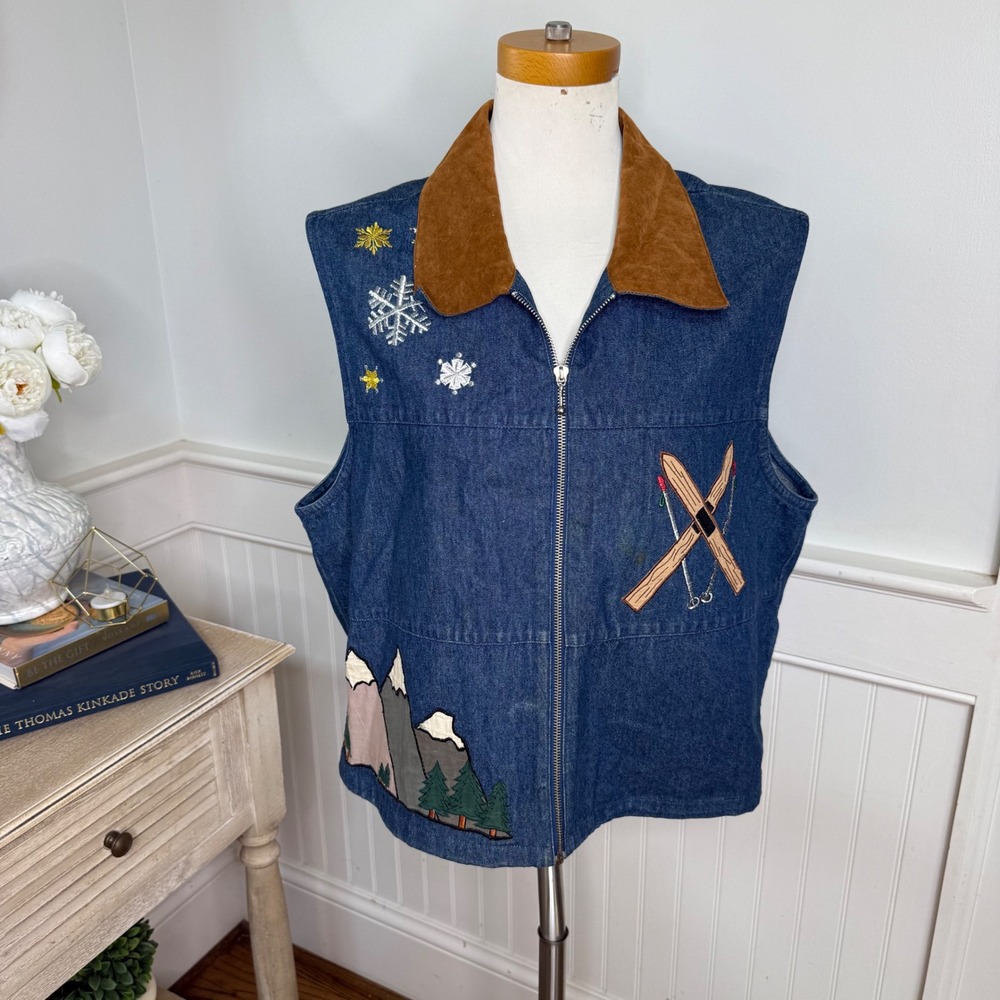Vintage Rhythm Blue Denim Ski Vest Women XL Embroidered Mountain Snowflake Zip